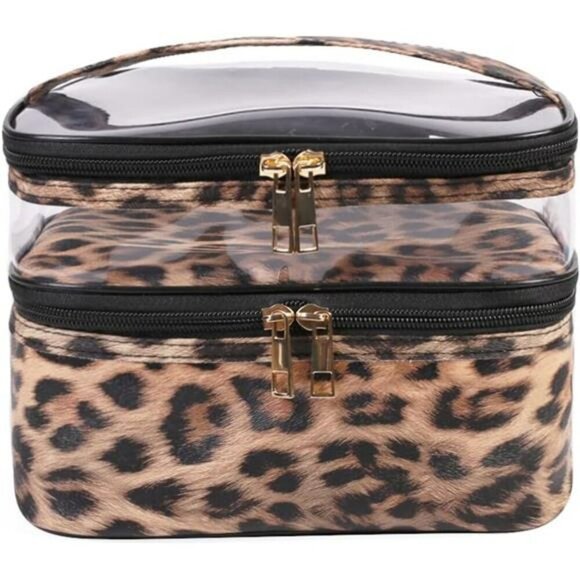 Leopard Makeup Bag Double Layer Travel Toiletry Organizer Cosmetic Case Women - Picture 1 of 7